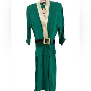 VTG Studio I Green Dress with Ivory Accents & Black Belt- Deadstock- NWT! Size 8